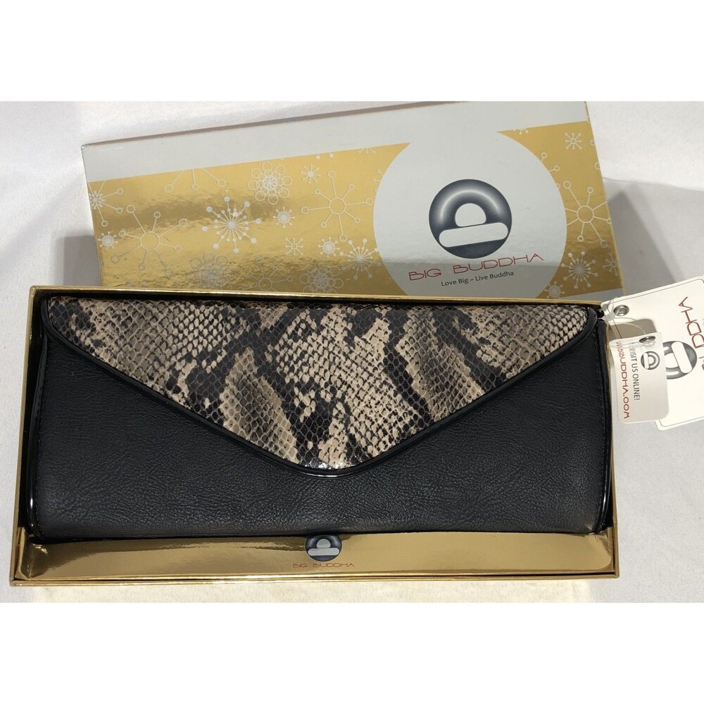 Big Buddha Envelope Clutch Purse Handbag Black Snake Print Removable Gold Chain